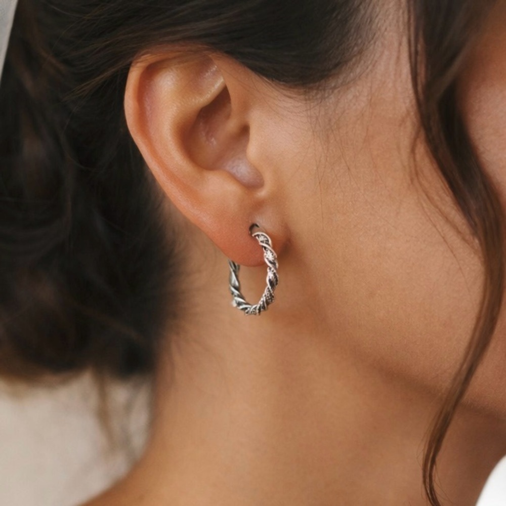 Silver Hoop Earrings Twisted Braid Minimalist Jewelry